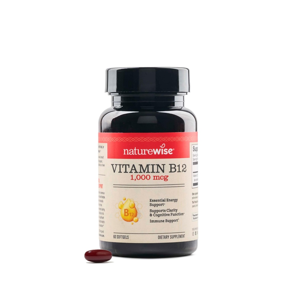 NatureWise Witamina B12 1000 µg - Suplement diety do wspierania metabolizmu energii, Jasność psychiczna, Zdrowie układu nerwowego - Easy- to- Połknięcie, Soy & Gluten- Free, Non-GMO - 60 Softgels [60- Day Supply]