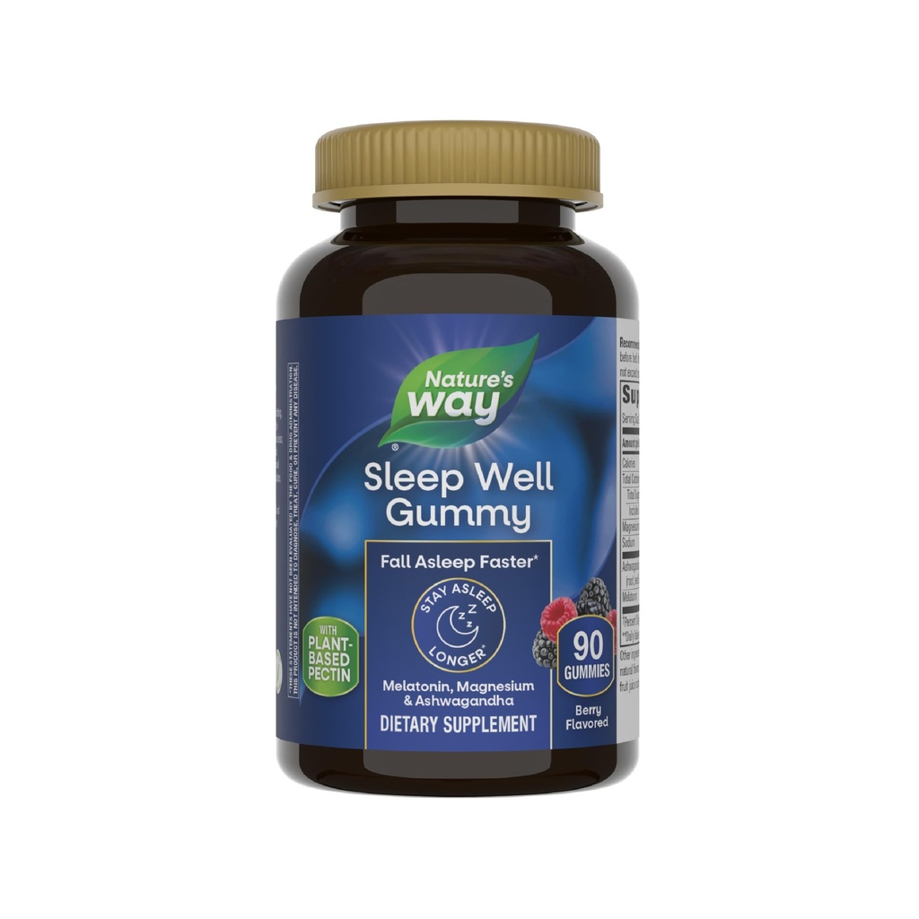 Nature 's Way Sleep Well Melatonin i Gummies Magnezu, Wsparcie snu dla dorosłych *, z Ashwagandha, Berry Flavored, 90 Gummies