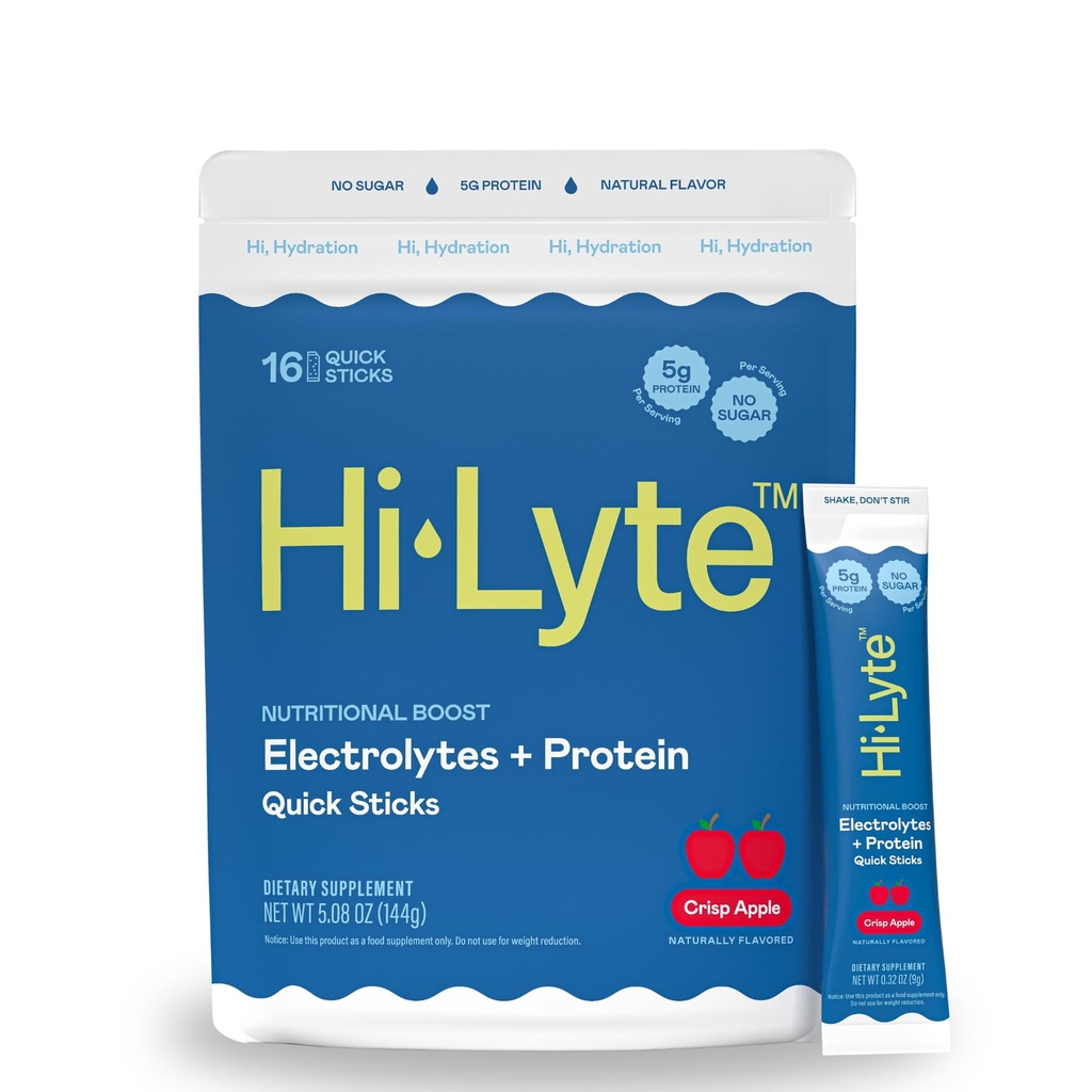 Hi- Lyte Electrolytes + Protein Quick Sticks Crisp Apple, 16 Służenie - Sód, Potas, Białko serwatki - Keto Friendly - 5g Protein, No Sugar