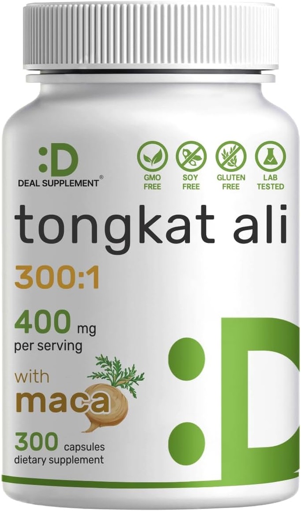 DEAL SUPPLEMENT Tongkat Ali Extract 300:1 400mg & Maca Root 400mg | 300 Capsules, Ultra Strength Longjack (Eurycoma Longifolia) + Peru Maca – Non-GMO, Herbal Supplement for Men Health, Performance