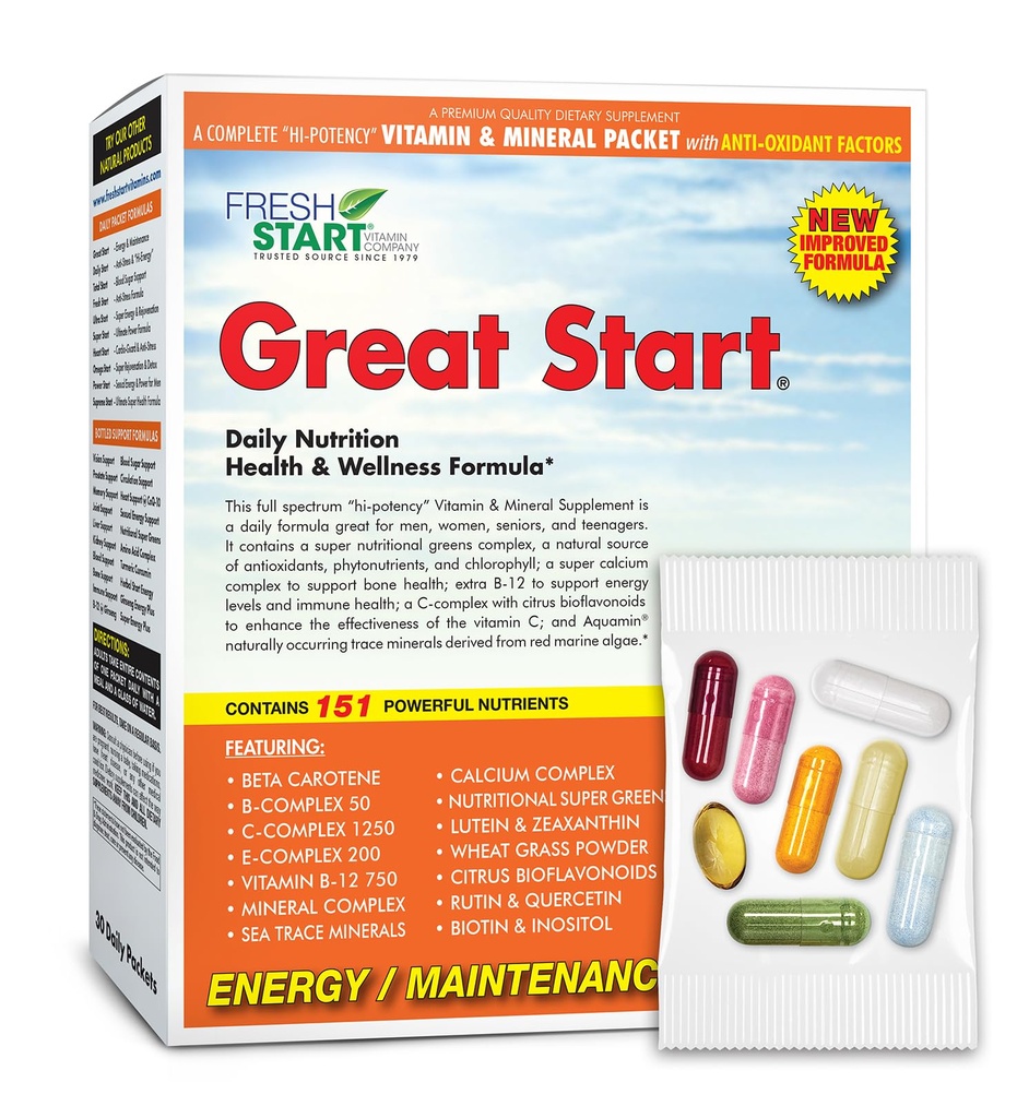 Great Start Complete Daily witaminy Pack: 124; Energy & Essentials: 124; Witamina A, B, C, D, E, B12, Biotin, Minerały, Wapń, Magnez, Cynk, Super Zielone (30 pakietów)