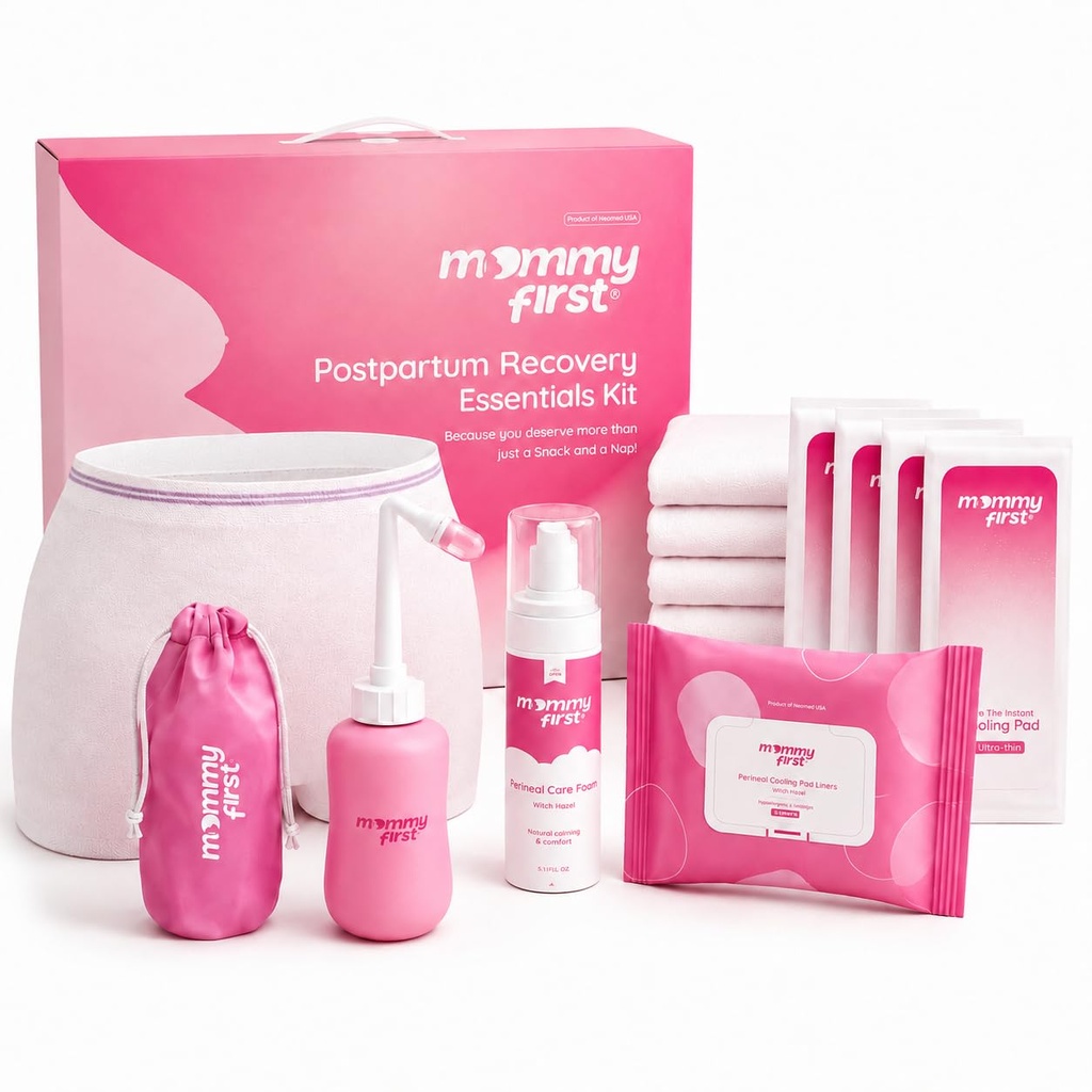 Mommy First® Postpartum Essentials Recovery Kit – Next-Gen Perineal Ice Packs, Alcohol-Free Witch Hazel Healing Foam and Liners, Upside Down Peri Bottle & Postpartum Underwear for Postpartum Recovery