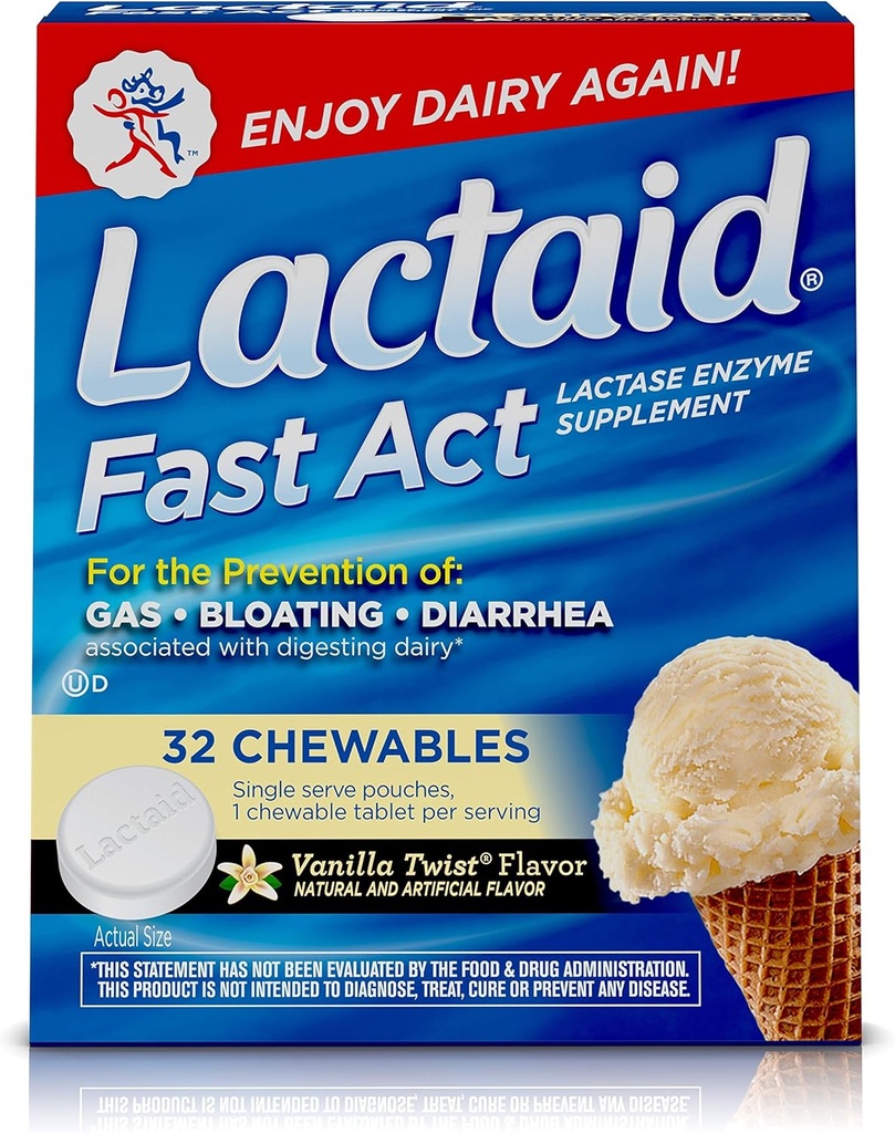 Lactaid Fast Act Laktoza Nietolerancja Chewables with Lactase Enzymes, Vanilla Twist, 32 Pks of 1- ct.