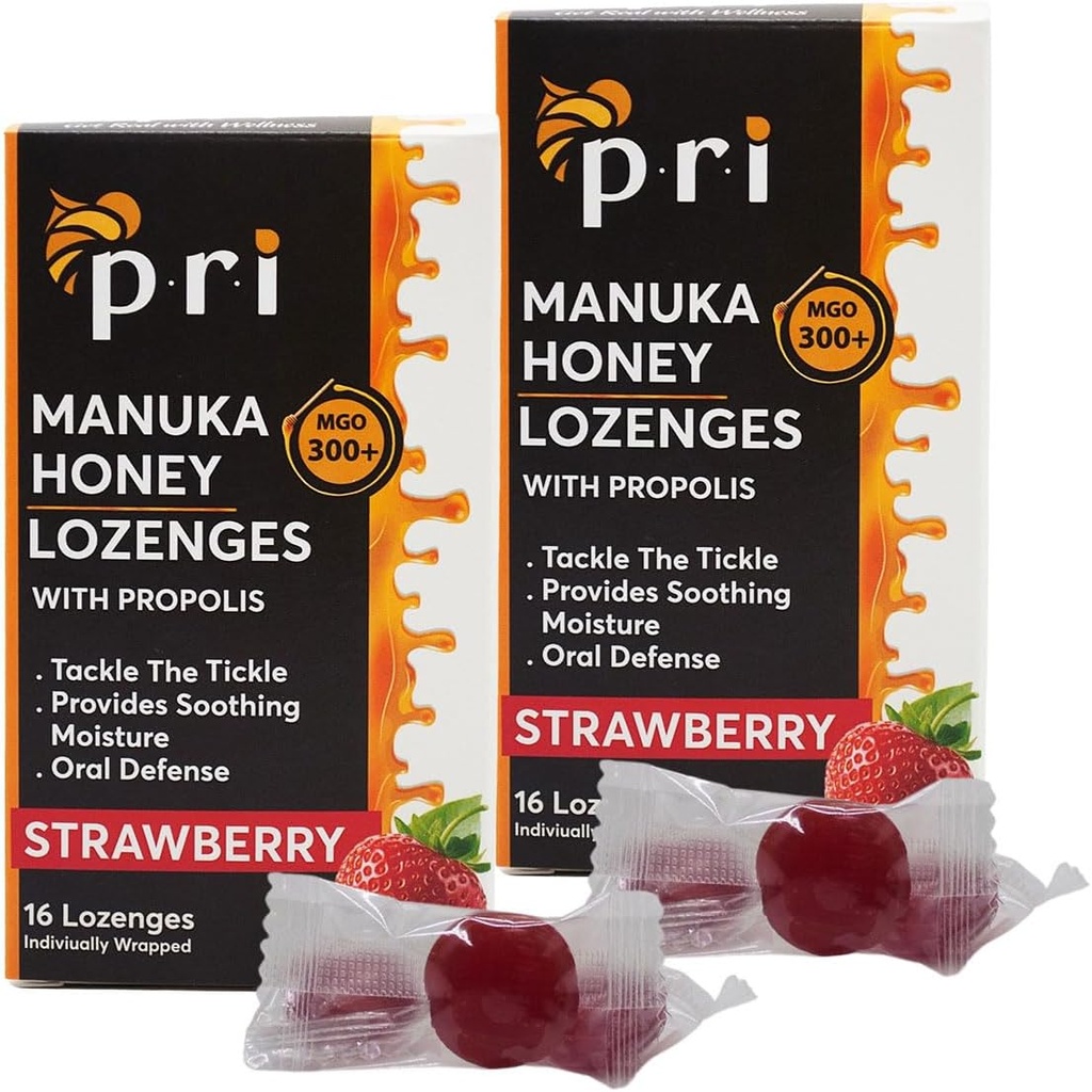 P.R.I Manuka Honey Lozenges with Propolis, Soothing Cough and Throat Drops, MGO 300 + Certified (Strawberry, 16 Count / 2 Pack)