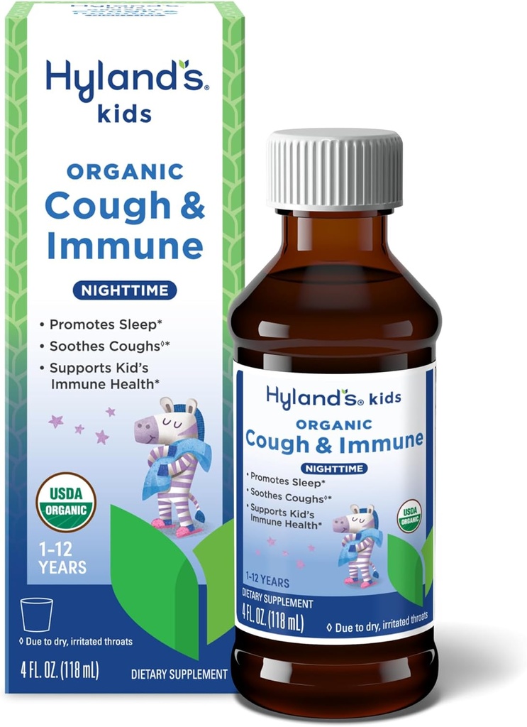 Hyland 's Kids Nighttime Organic Cough Syrop i Immune Support with Agave, Elderberry and Granate, Soothes Cough, and Supports Immunity, 4 Fl. Oz.