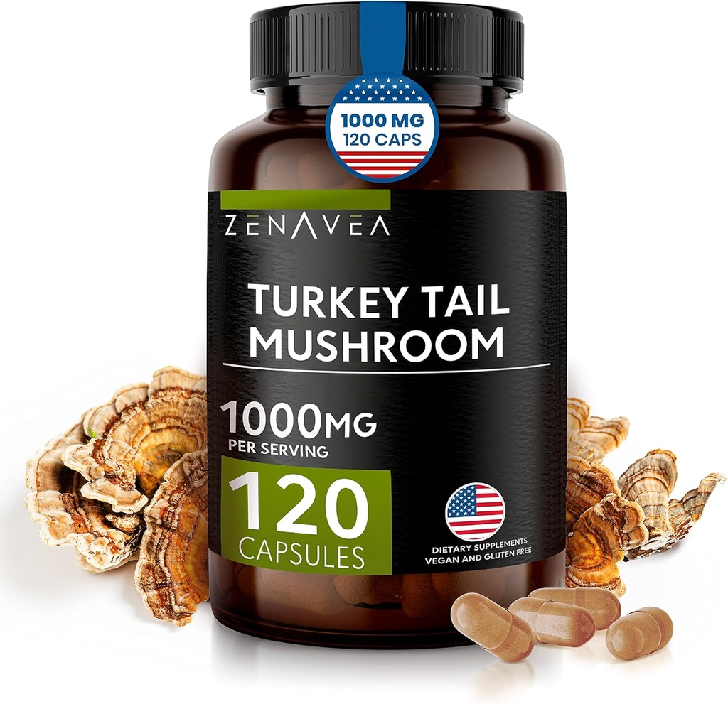 Turcja Grzyb Kapsułki Immune System Support, Antyoksydant i właściwości pokarmowe - Grzyby Suplement 1000mg - 120 Kapsułki - Równoważne do 15 000 mg Organic Turcja Ogon