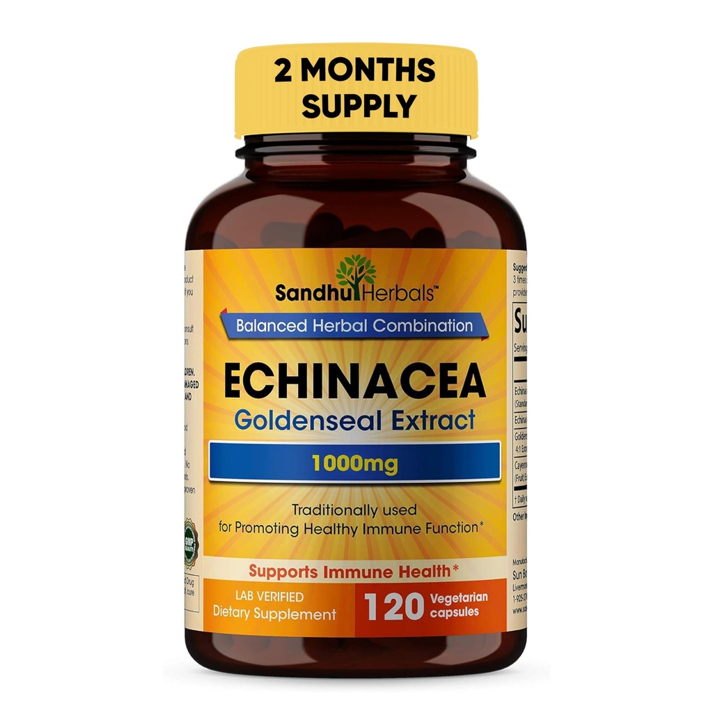 SANDHUHERBALS Sandhu Herbals Echinacea Goldenseal 1000 Mg 120 Kapsułki 124; System immunologiczny Wsparcie Reakcja układu oddechowego Suplement do odpowiedzi zapalnej