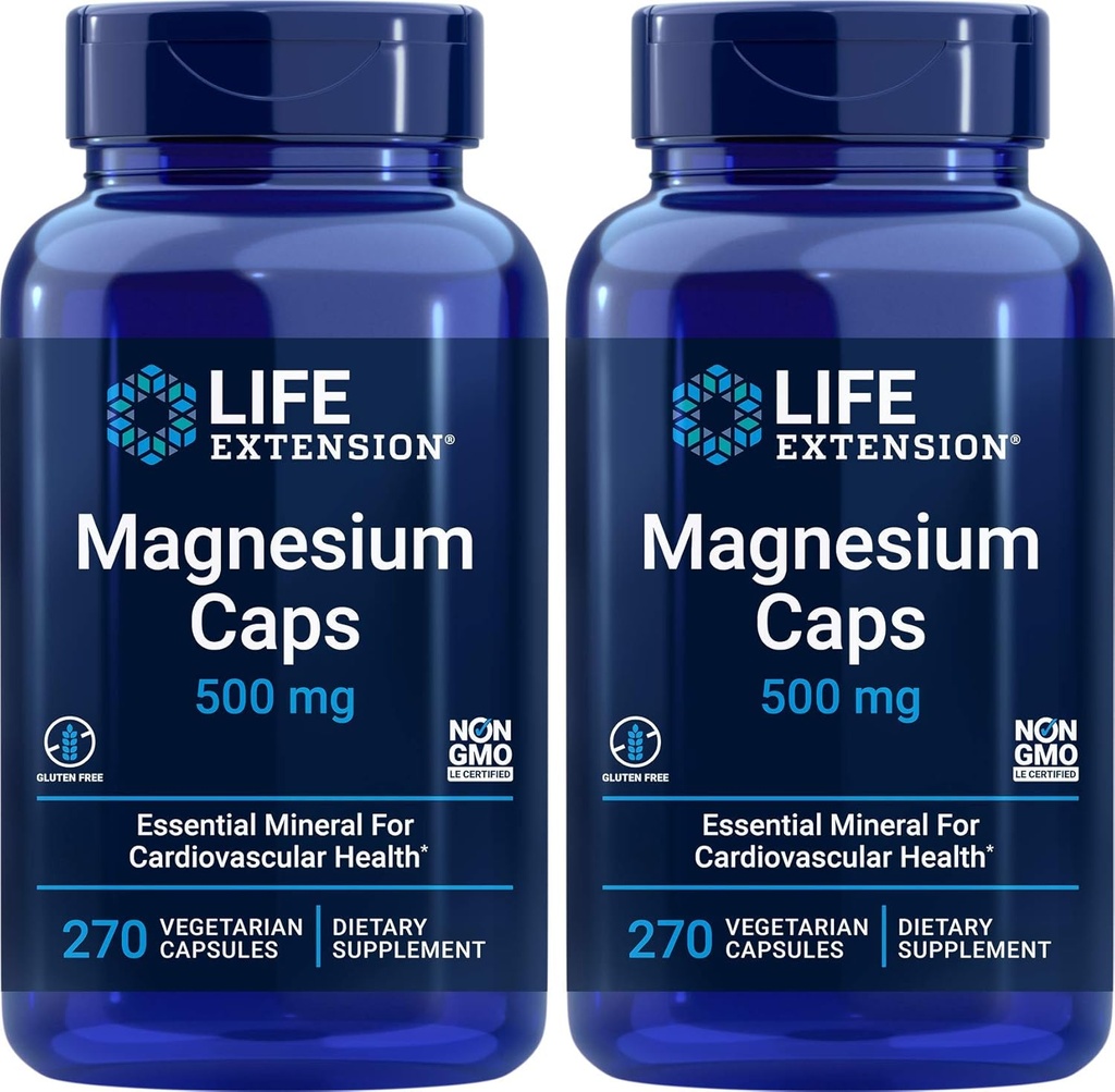 Life Extension Magnezu Caps 500mg, 270 Kapsułek (Opakowanie po 2) - Wegan, Non-GMO, Mag Complex Supplement w / tlenek, Cytrate, Sukcynat
