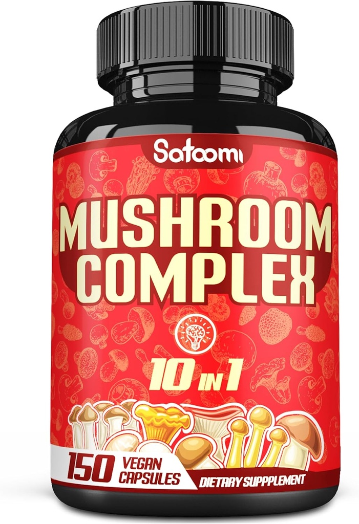 Satoomi 10in1 Mushroom Complex Supplements - 5 miesięcy dostaw - Mieszane z Lions Mane, Cordyceps, Reishi, Chaga, Maitake, Shitake & Inne -Wsparcie mózgu - 150 Kapsułki