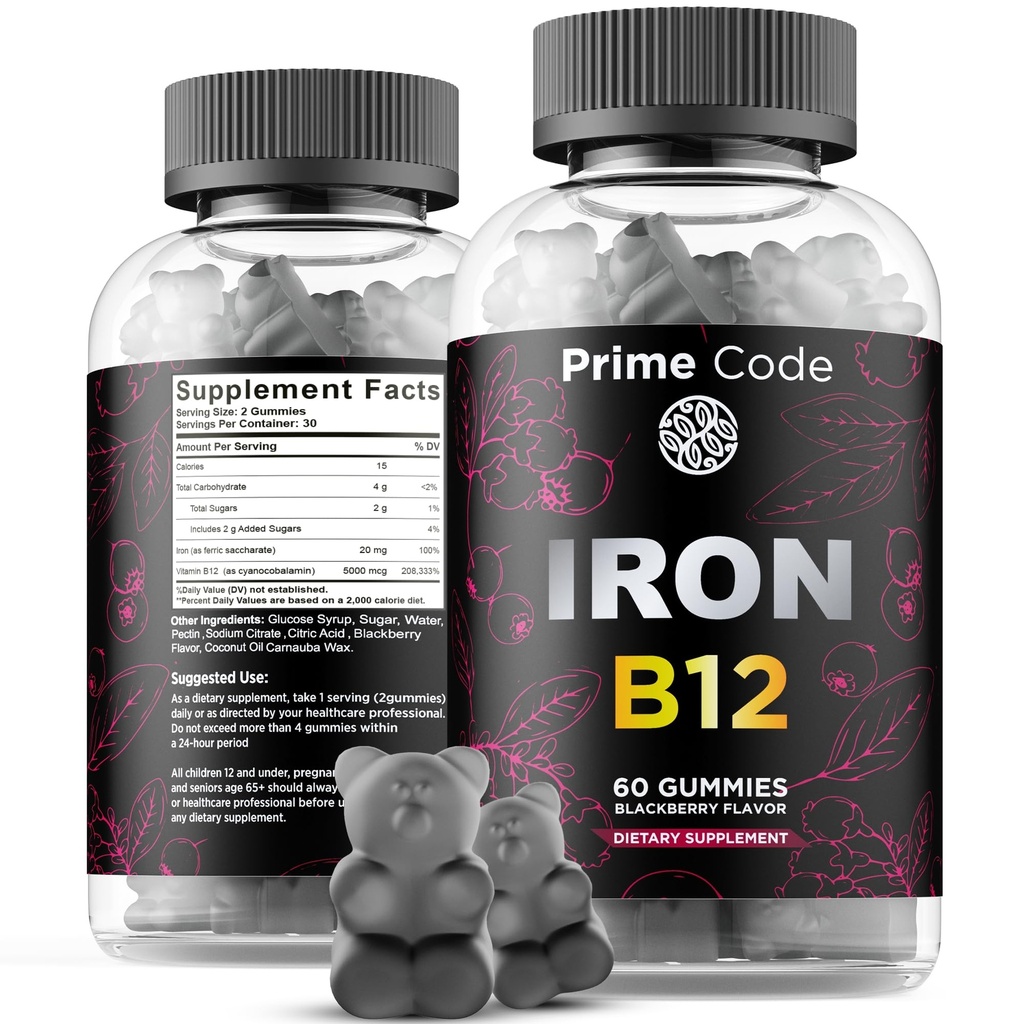 Witamina B12 Gumiaki dla kobiet i mężczyzn, 20 mg Żelaza Suplement dla dorosłych, Free Blood Builder dla niedokrwistości, Witamina B12 Gumiaki z żelaza & Natural Blackberry Flavor, Wegan, Non-GMO, 30 Day Supply