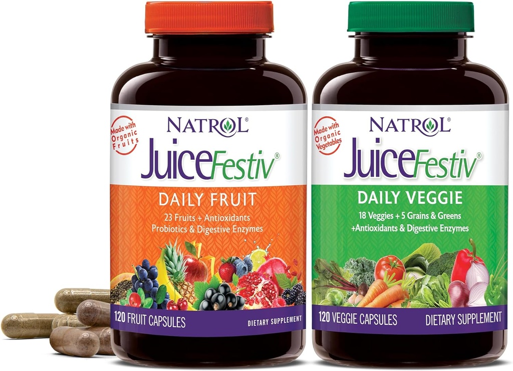 Natrol JuiceFestiv, Ultimate Fruit and Veggie Super- Food do wspierania zrównoważonego odżywiania i ogólnie Well- Being, Plus przeciwutleniacze dla zdrowia komórkowego, 120 Kapsułki (2- Count), Do 60 Day Supply