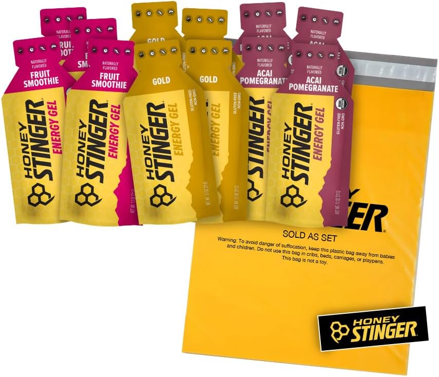 Honey Stinger Organic Energy Gels - Pakiet odmian ze Sticker - 12 Count - 4 z każdego aromatu - Źródło energii dla każdej aktywności - Pomegranat Acai, Gold & Fruit Smoothie