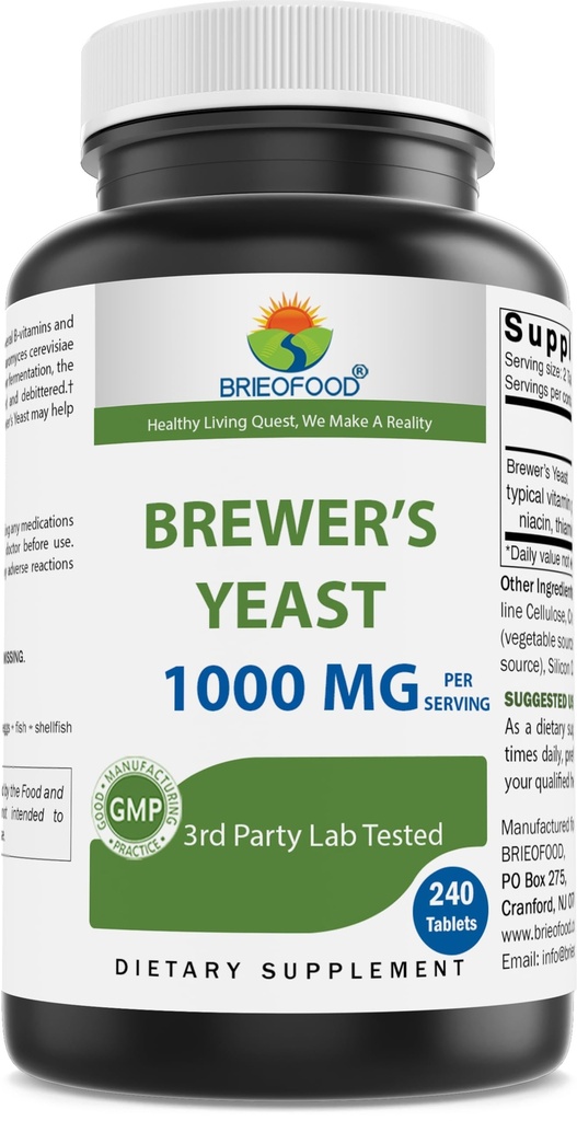 Brieofood Brewers Yeast 1000 mg na Serving - 240 Tablets - 3. strona Labe Tested for Czystość & Jakość