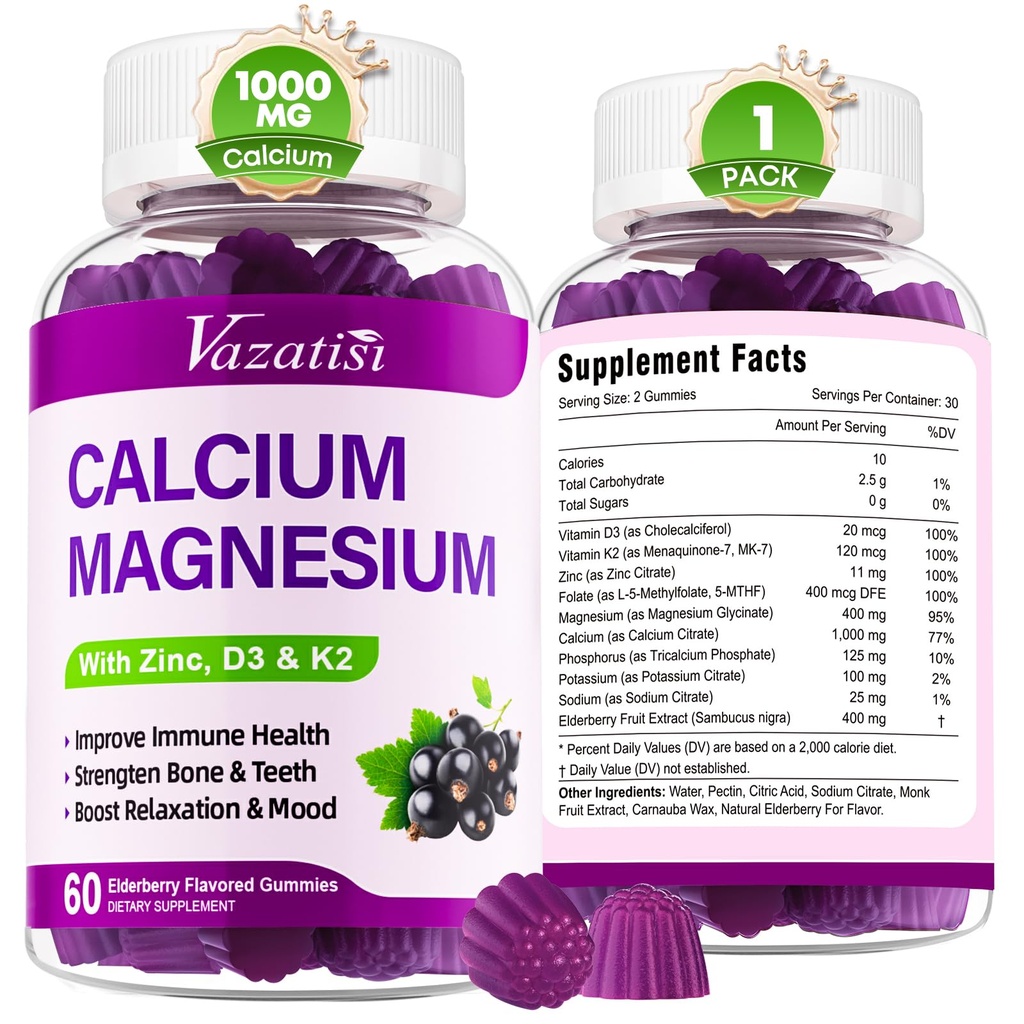 Gumie cynku wapnia z witaminą D3 i K2, Wysoka Absorpcja Magnezu Glicynian potasu dla immunologicznego i mięśni, Wegan Elderberry Flavor 60 Gummie
