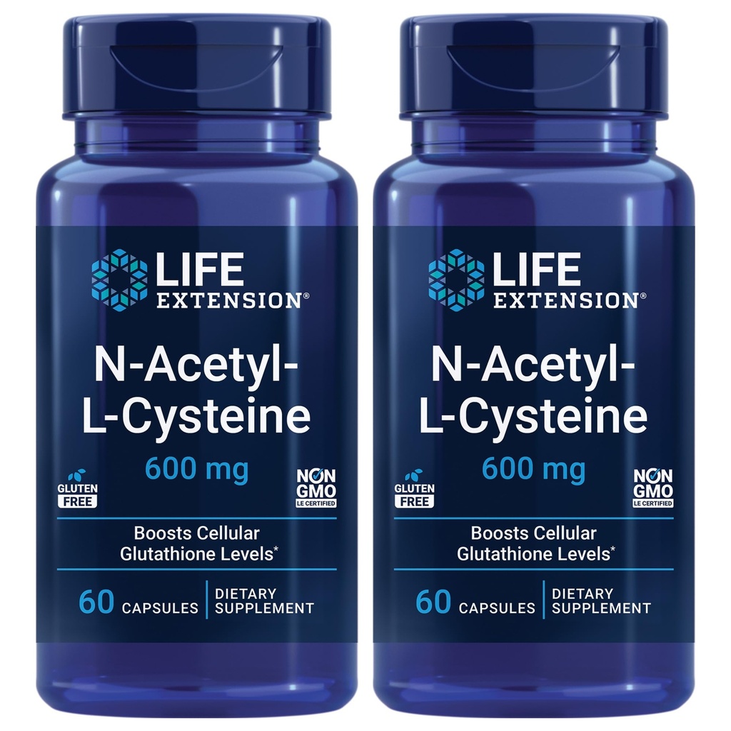 Wydłużenie życia N- Acetyl- L- Cysteina (NAC), Odpowiedź immunologiczna, Zdrowie układu oddechowego, Zdrowie wątroby, NAC 600 mg, Przeciwutleniacze obrony, wolne rodniki, Łatwe do Absorbu - Dwa opakowania x 60 Kapsułki