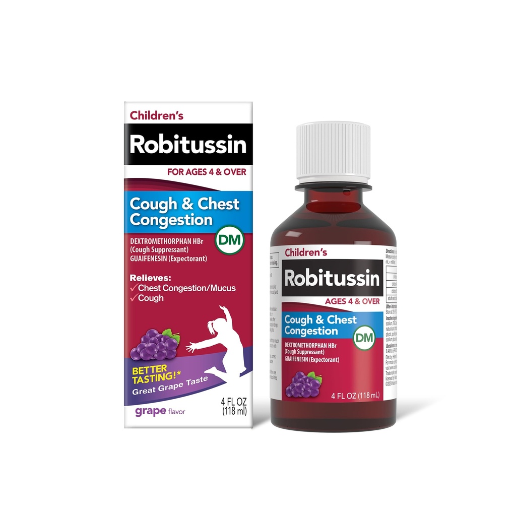 Robitussin Children 's Cough and Chest Congestion DM, Cough Medicine for Kids, Grape Flavor - 4 butelki Fl Oz, 300318715130