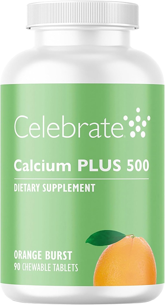 Celebrate Witaminy Wapnia Plus 500 Bariatryczny Wapnia Cytrynian z witaminą D3 Chewable, 500 mg, Gluten- Free & Cugar- Free, Cytrynian wapnia dla pacjentów w podeszłym wieku, Pomarańczowy Burst, 90 liczba