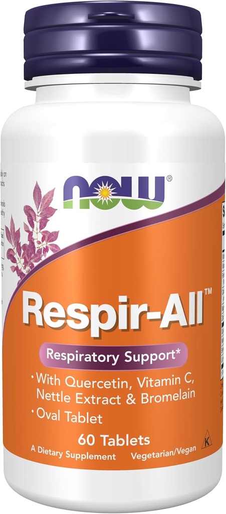 Now Supplements, Respir- -ng ™ z Quercetin, Witamina C, Nettle Extract i Bromelain, Wsparcie oddechowe *, 60 Tabletki