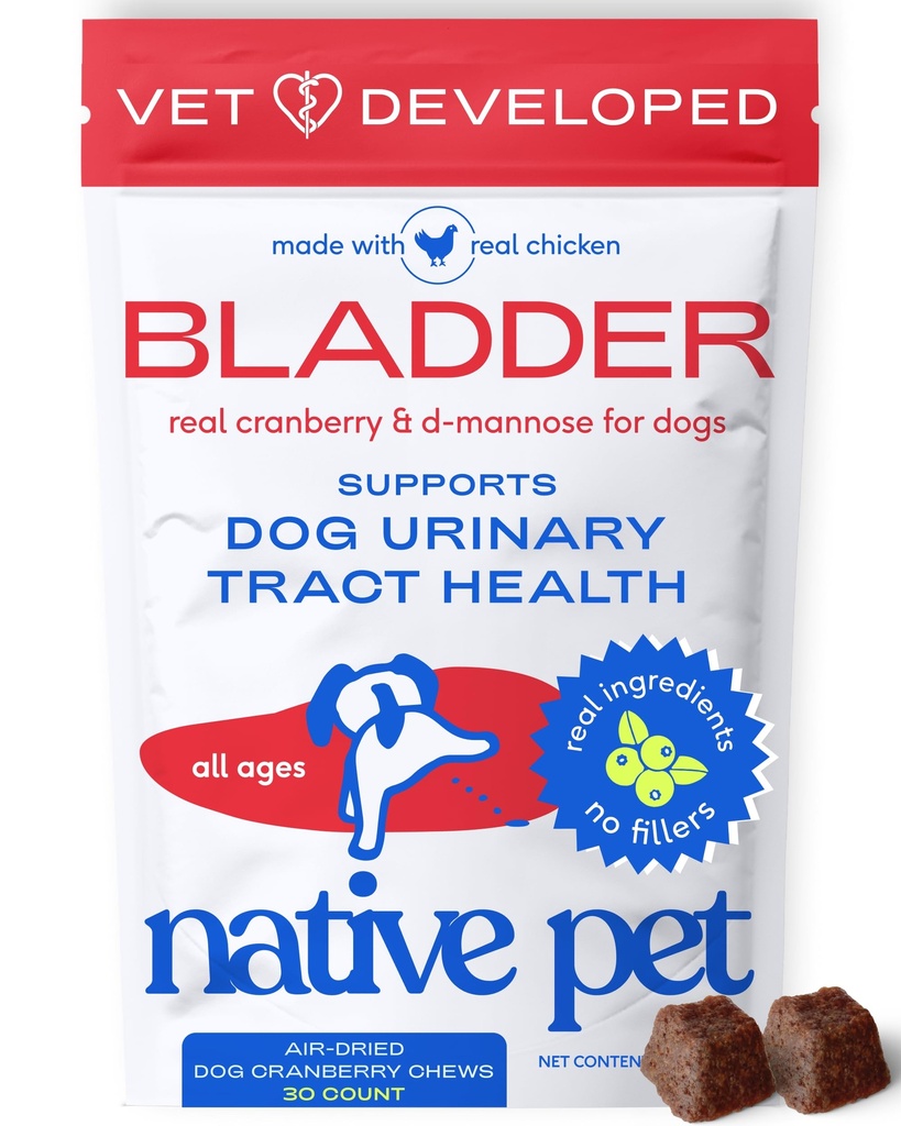 Native Pet Dog UTI Leczenie - Suplement żurawinowy dla psów Bladder Control & Nerka Support - Zapobieganie infekcji dróg moczowych i nietrzymania moczu - Made with Real Cranberry Extract - 30 Chews
