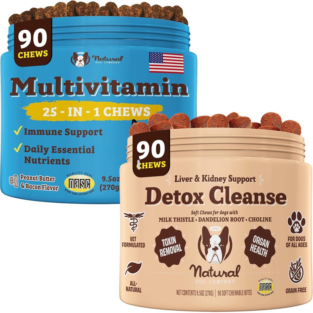 Natural Dog Company Multivitamin & Wątroba & Nerki Chews Bundle - Kompleksowe wsparcie zdrowotne dla starszych psów, Promotes Detoksykacji, Ulepszona trawienie, Promieniowa Skóra & Coat, Łatwe w podawaniu