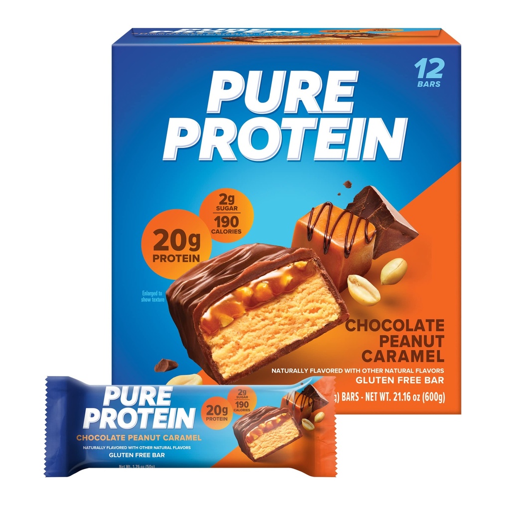 Czyste bary protein, wysoki poziom białka, odżywcze przekąski do wsparcia energii, niski cukier, gluten wolny, karmel peanut czekoladowy, 1.76oz, 12 Hrabia (Opakowanie 1) (Opakowania maja Vary)