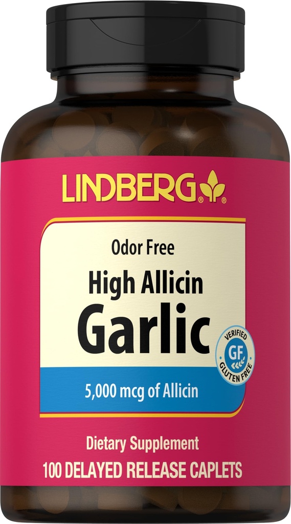 Lindberg Czosnek suplement pigułki 124; 500 mg 124; 100 Kaplety 124; Bezwodny z wysokim alicinem (5000mcg) 124; Allium Sativum Extract 124; Non- GMO, Gluten Free