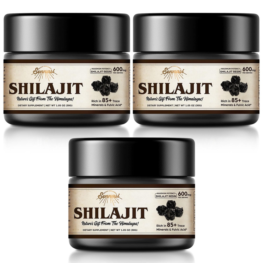 Shilajit Pure Himalayan Organic Shilajit Resin - 600mg Maximum Potency Natural Organic Shilajit Resin with 85 + Ślad minerałów i kwasu Fulvic dla energii, Wsparcie immunologiczne, 30 Grams (3 Pack)