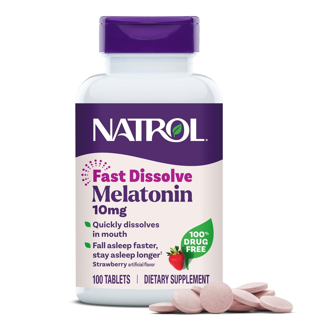 Natrol Melatonina 10mg szybko rozpuszcza tabletki - Strawberry Flavor, 100 Count, Sleep Support, szybko rozpuszcza Melatonina dla dorosłych, 100- Day Supply