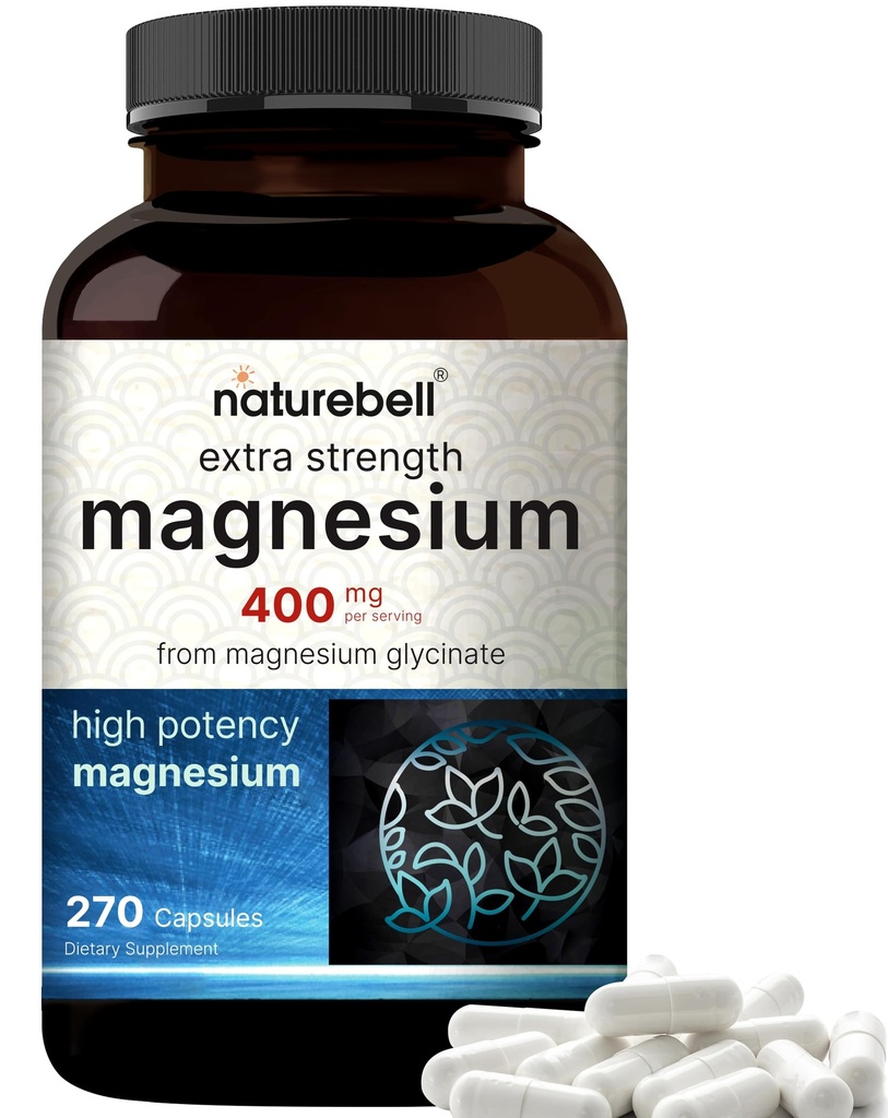 NatureBell Magnezu Glycinate 400mg Elemental, 270 Kapsułki 124; 100% Chelated for High Absorption British 124; Wspomaga mięśnie, kości i serca Health British 124; Non-GMO, Gluten- Free, Wegan
