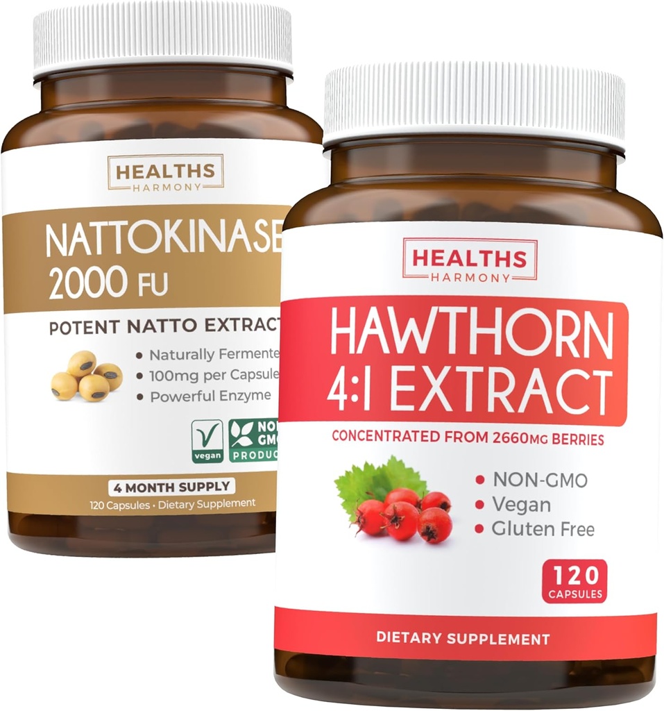 Nattokinase & Hawthorn (4- Month Supply) Nattokinase Berry Harmony - Nattokinase 2000 FU Powerful Natural Fermented Soybeans (4- Month Supply) & Hawthorn Berry 4: 1 Extract - Vegan and Non-GMO