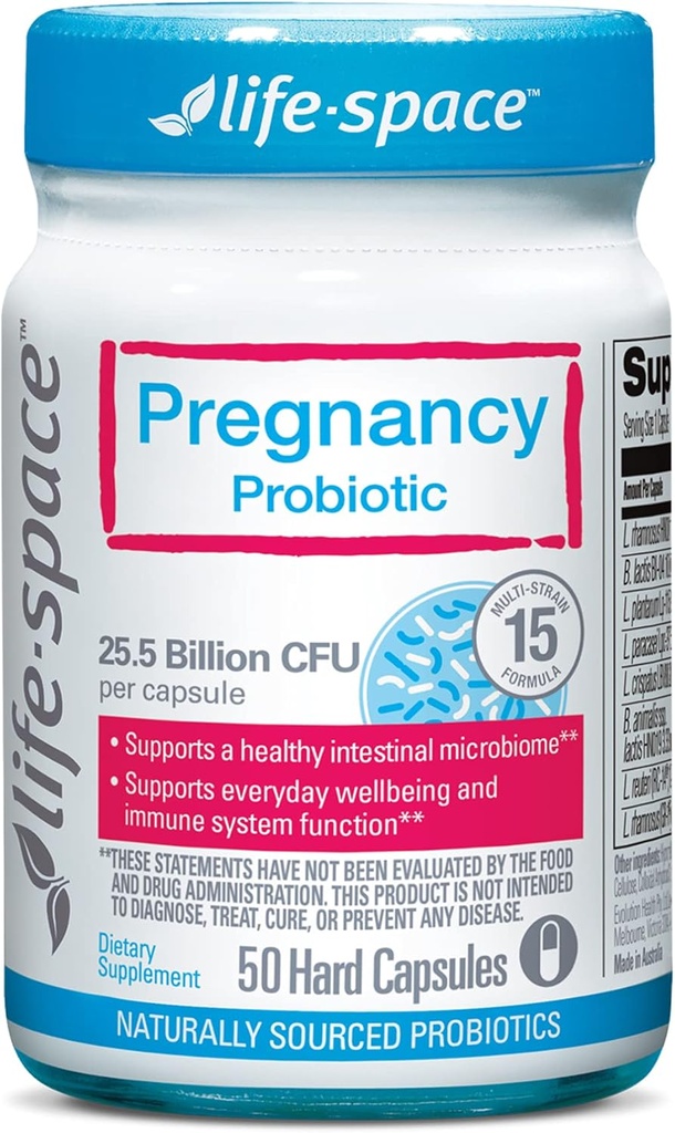 Life- Space Ciąża Probiotic, 25.5 Miliard CFU & 15 Szczepy Probiotyczne dla kobiet, Klinicznie udowodnione dla Mama & Baby 's Digestive, immunologiczne i Zdrowie skóry, 50 Kapsułki