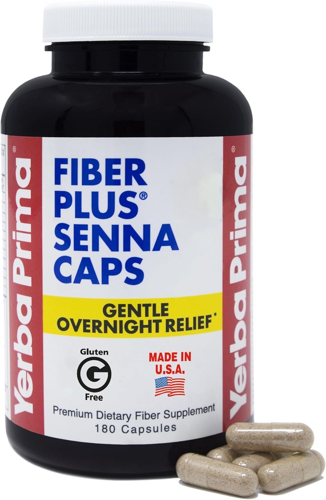 Yerba Prima Fiber Plus Kapsułki Senna, 180 Count - Delikatny Overnight Relief, USA Made, Non-GMO, do krótkotrwałego użycia do przywrócenia regularności