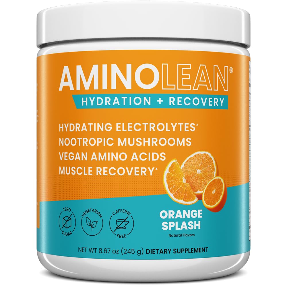 AminoLean Hydrating Electrolyte Powder and Recovery Drink with Sea Minerals, Grzyby nootropowe i Wegan Amino Acids, BCAA + EAA for Post Workout Muscle Building, Orange Splash