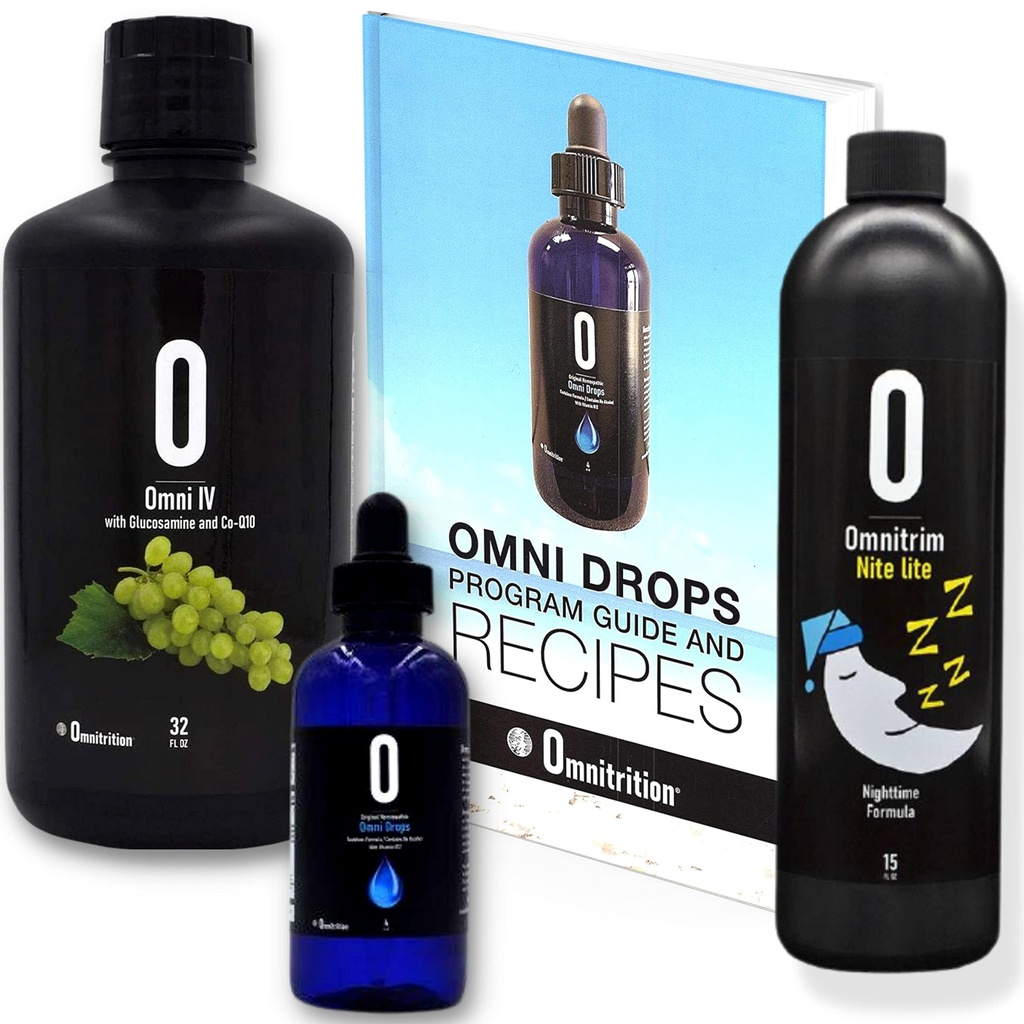 Omni Drop Program Bundle of 3 Products - "Get Start Package" zawiera Omni Drops Diet Drops z witaminą B12 - 4 Ounce Bottle z Przewodnikiem po programie, Omni IV z Glucozamina, OmniTrim Nite Lite