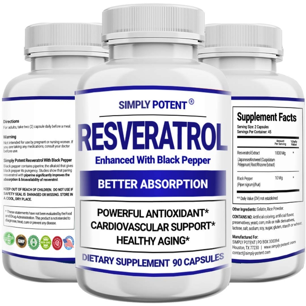 Resveratrol 1000mg Supplement, Trans Resveratrol 500mg, Resveratrol Enhanced z Black Pepper dla Max Absorpcja, Potężny przeciwutleniacz i pigułki starzenia się dla serca, Immune & Skin Health, 90 Kapsułki
