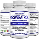 Resveratrol 1000mg Supplement, Trans Resveratrol 500mg, Resveratrol Enhanced z Black Pepper dla Max Absorpcja, Potężny przeciwutleniacz i pigułki starzenia się dla serca, Immune & Skin Health, 90 Kapsułki
