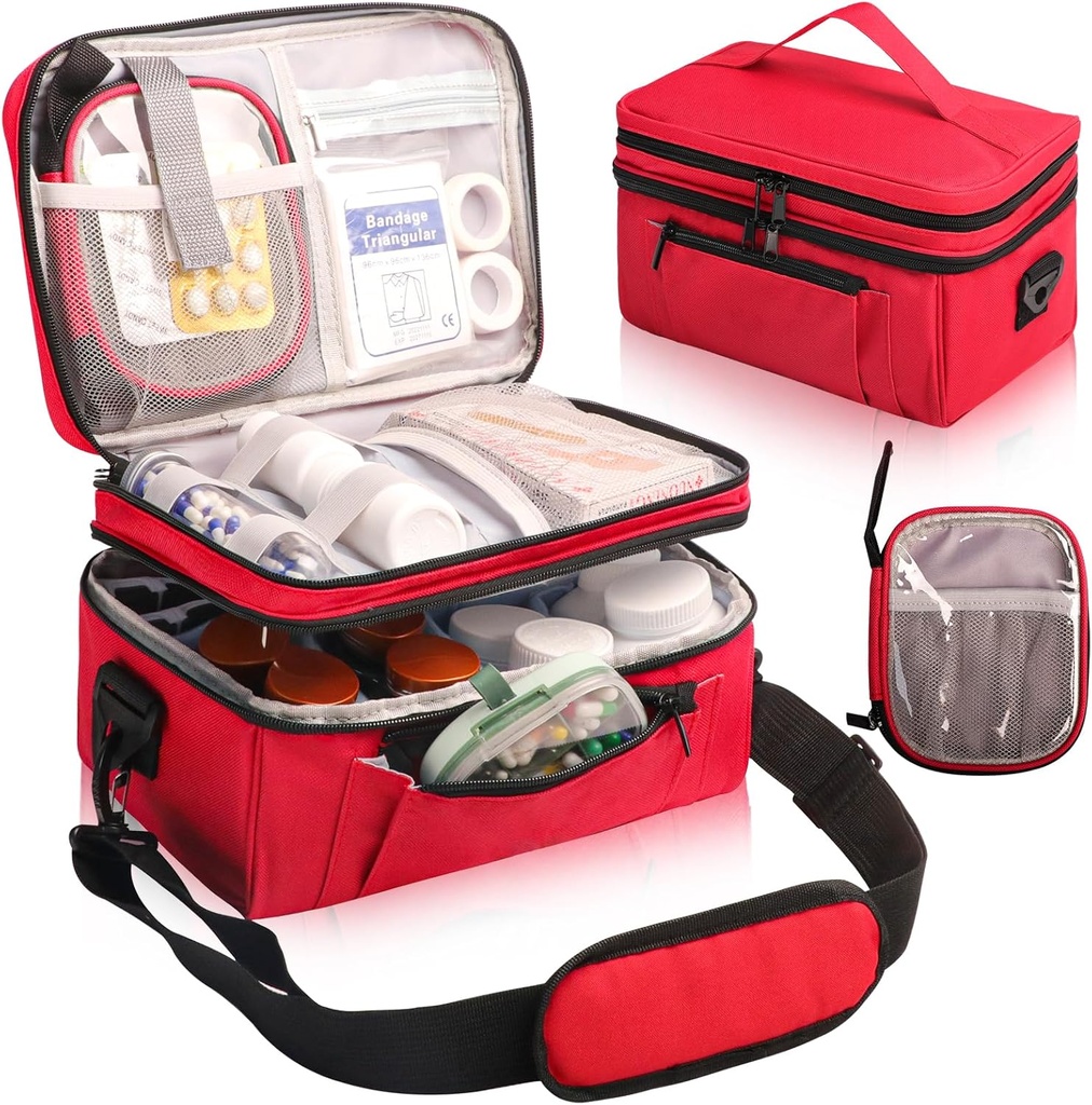 Torba medyczna do podróżowania z przenośnym małym pouch, podwójne warstwowe pióro pojemnik do przechowywania butelek z zamykanych zamków błyskawicznych, Przewożenie apteczki Travel Case z paska na ramię (tylko worek), czerwony
