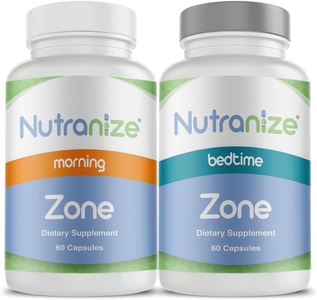 Nutranize Zone Twin- Pack Supplement System - Pharmacist- Designed Morning & Bedtime Kapsułki z Glycinate magnezu, Witamina D3, K2 MK7, Metylofolat, Chrom, Melatonina - 30 Day Supply (120 Count)