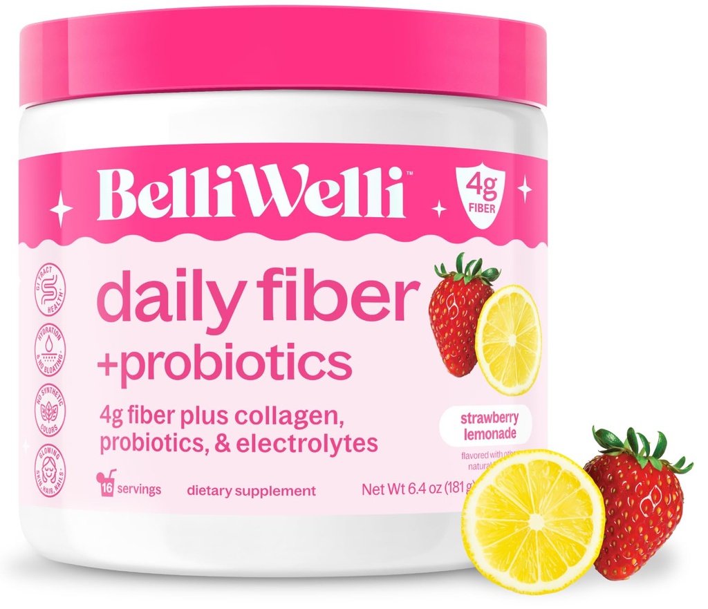 Belli Welli Fiber Supplement for Women & Men, Premium Daily Fiber Powder from Organic Acacia with Added Collagen, Electrolytes & Probiotics, No Bloat, Zaparcia i Gut Health Support (Truskawka Lemoniada)