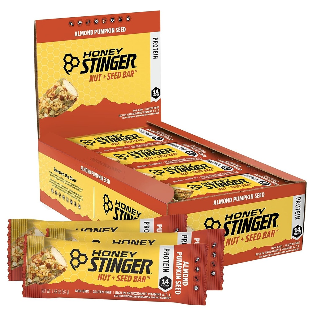 Miód Stinger Nut + Nasienie Bar, Nasienie dyni migdałowych, Białko pakowane żywności do ćwiczeń, Wytrzymałość, Wydajność i Odzyskiwanie, Sports Nutrition Snack Bar do domu & Gym, Post Trening, Skrzynka 12