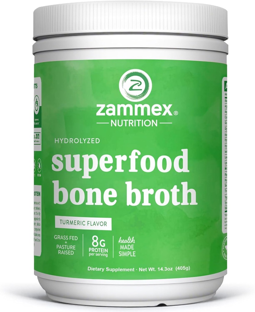 Zammex Bone Broth Plus Superfood Protein Powder (Turmeric Flavor), 8g Zhydrolizowane białko z witaminą D, do zdrowej skóry, paznokci, włosów, joints & trawienie, Non-GMO (30 Servings)