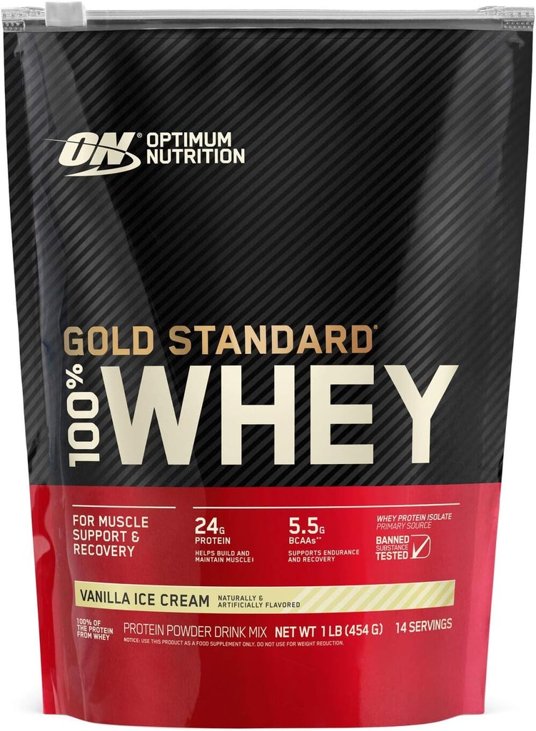 Optimum Nutrition Gold Standard 100% Proszek białkowy serwatki, Lody waniliowe, 1 funt (Opakowania maja Wary)