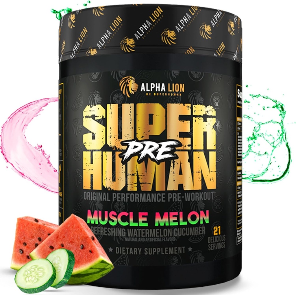ALPHA LION Superhuman Pre Workout Powder, Beta Alanine, L- Tauryne & TriSource Kofeina dla Trwałej Energii & Focus, Tlenek azotu i Cytrulina dla pompy (21 Służenia, Melon mięśni)