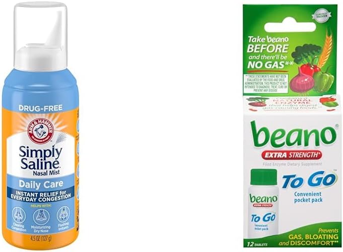 Ramię i młot Po prostu Saline Nasal Spray 4.5oz & beano Go Gas Relief Tablets 12 liczyć