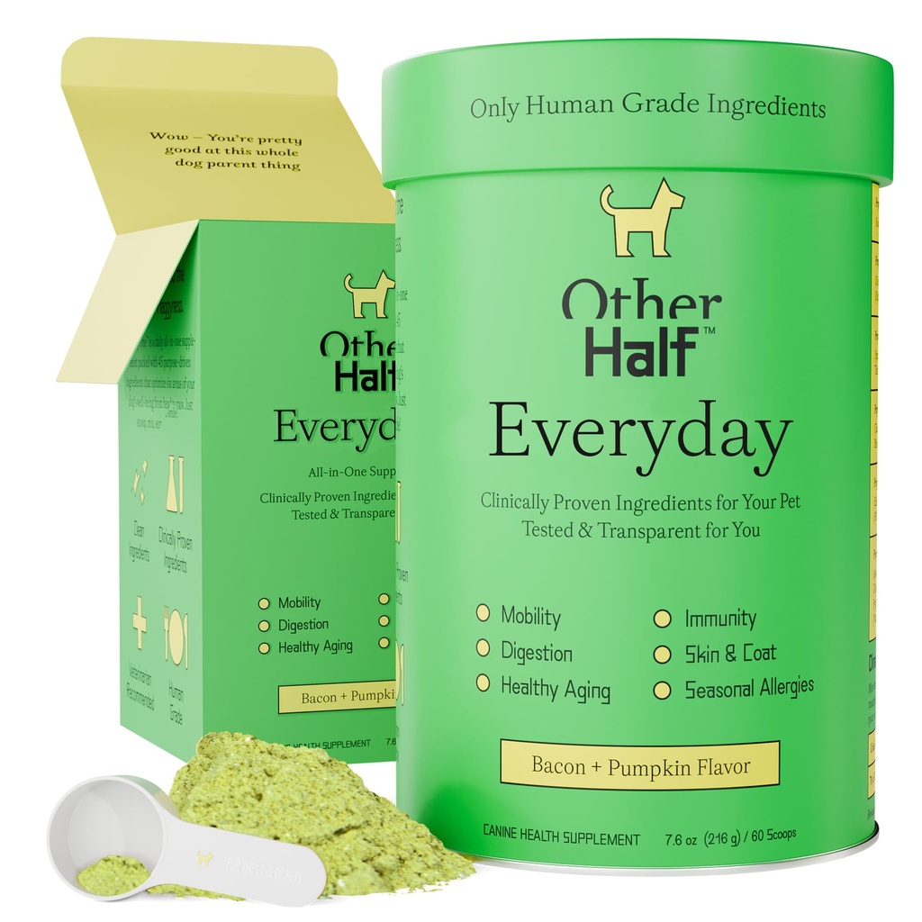 Inne Half Everyday - Dog Multivitamin Supplement - Codzienne Joint, Gut, Alergia, Immune, Urynary Tract Support, Skóra, Coat & More - Glukozamina, Chondroitin, Omega 3 & Probiotyki 124; 45 Aktywne składniki