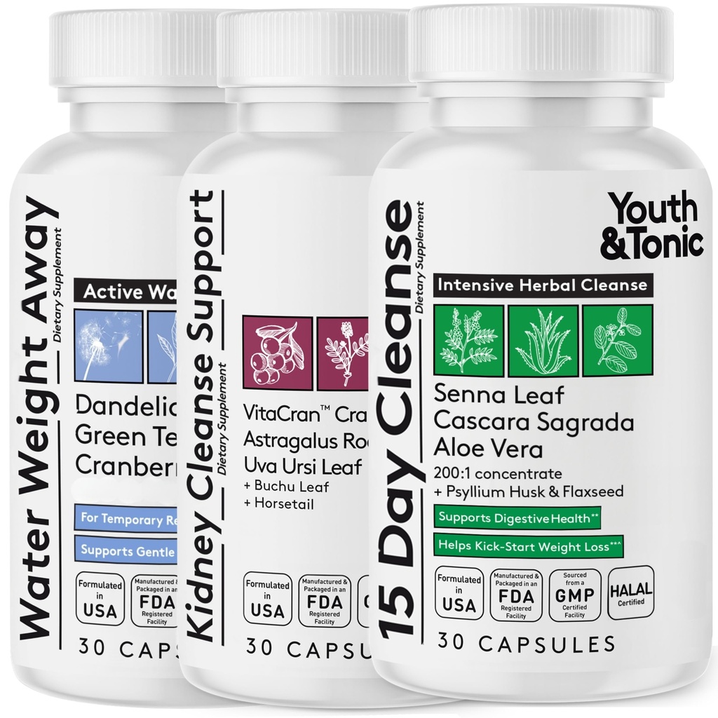 Youth & Tonic Complete Multi- Organ Detox Support - 15 dzień Colon Cleanser & Gut Detox, Nerki Cleanse, Water Balance & Liver Health, 90 Pigułki dla kobiet i mężczyzn