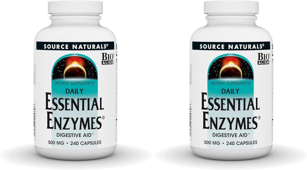 Źródło Naturals Esential Enzymes 500mg Bio- Aligned Multiple Enzyme Supplement Herbal Defense for trawienie, Gaz, Zaparcia i Bloating Relief - Wspiera system immunologiczny - 240 Kapsułki (Opakowanie 2)