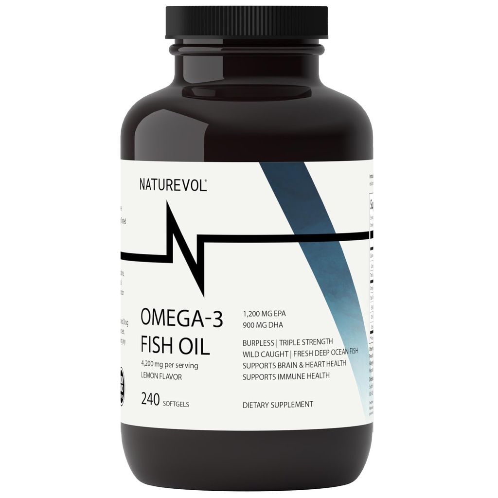 Triple Force Omega 3 Fish Oil 4200mg - Burless Death 124; Ponad 2200mg Omega 3 Fatty Acids 124; 1200mg EPA + 900mg DHA Acids 124; Best Essential Fatty Acids 124; Wild Caught / Deep Sea Fish, Lemon Flavored - 240 Softgels