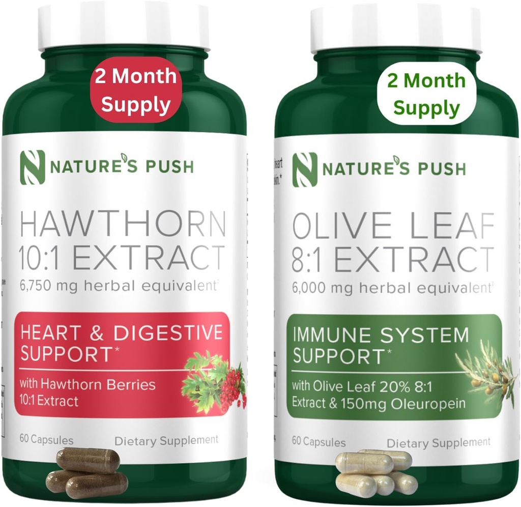 Nature 's Push Hawthorn Berry and Olive Leaf Bundle of Super Pothent 10: 1 Hawthorn Berry Extract (2 Month Supply) i Olive Leaf Super Potent 8: 1 Extract 20% Oleuropein 750mg Capsule (2 Month Supply)