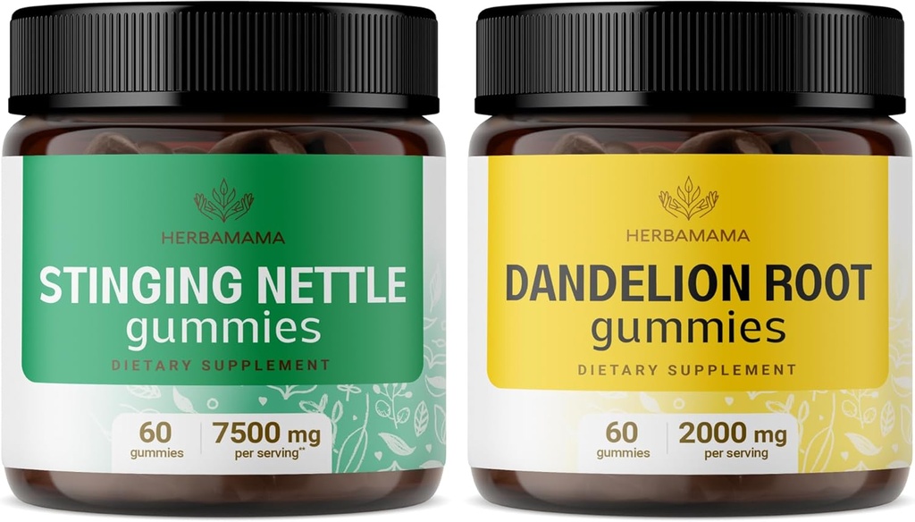HERBAMAMA Stinging Nettle and Dandelion Kit - Bundle of 7500 mg Stinging Nettle Root & 2000 mg Dandelion Root Gummies - Vegan, Non-GMO, Gelatin- Free 2 Pack